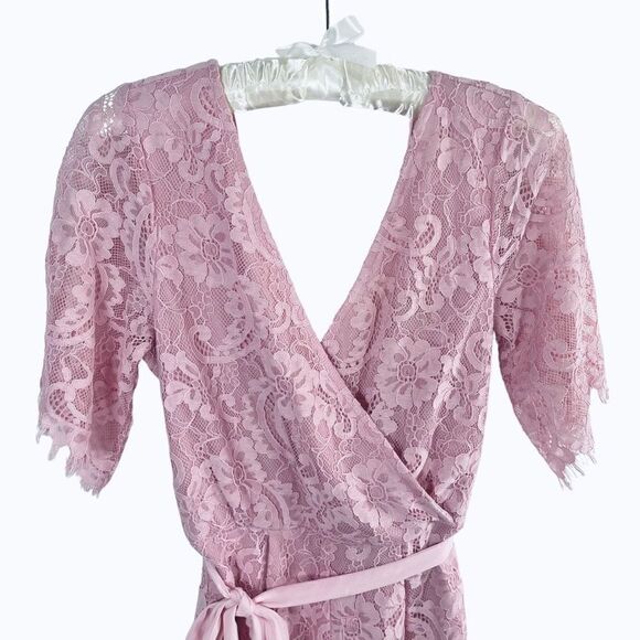 Francesca’s Lace Overlay Pink Floral Wrap Babydoll Mini Dress Women’s Small - Picture 2 of 10